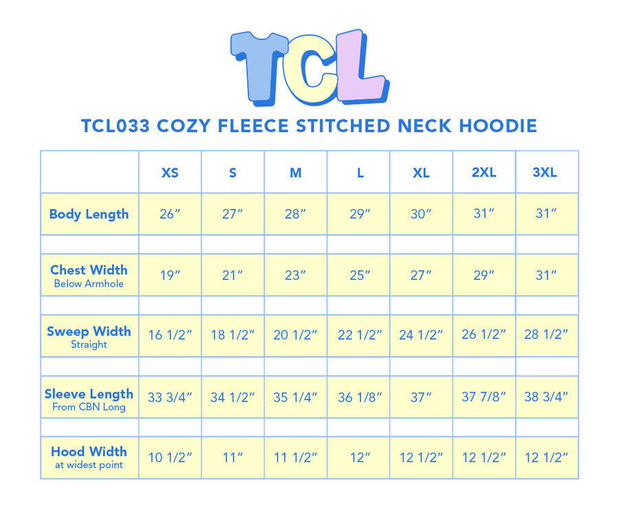 Size chart for Stitched Neck Hoodie Cozy Fleece