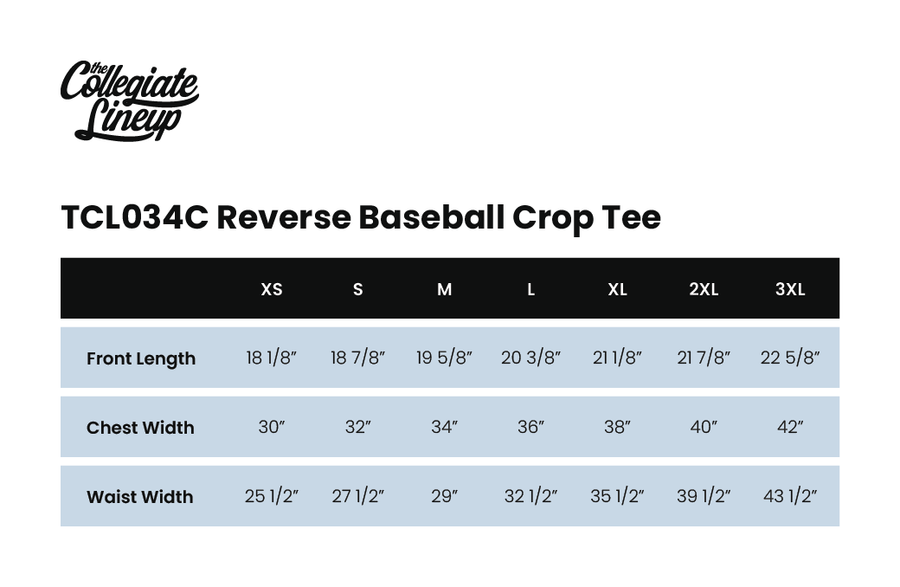 Size chart for Reverse Baseball Crop Tee