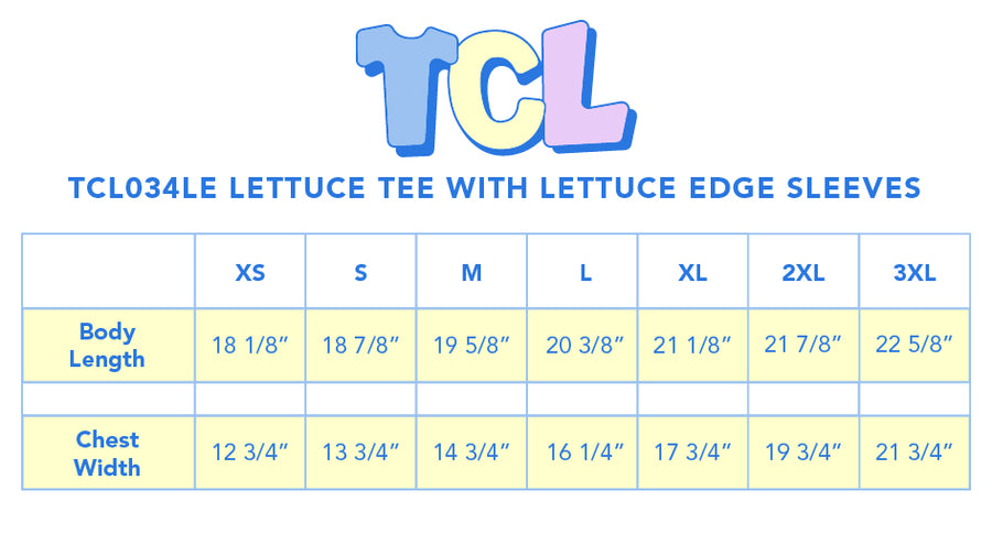 Size chart for Baseball Tee with Lettuce Edge Sleeves