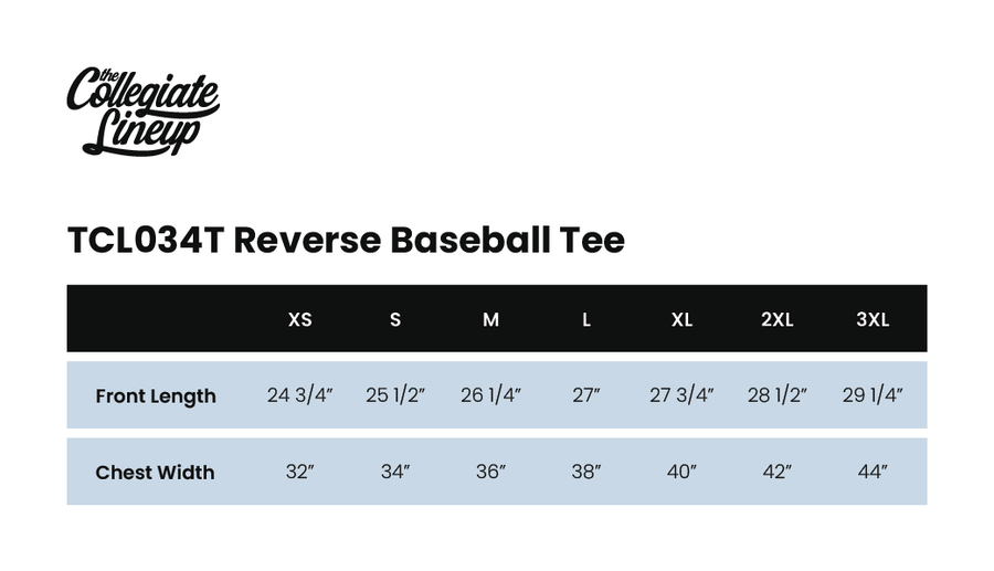 Size chart for Reverse Baseball Tee