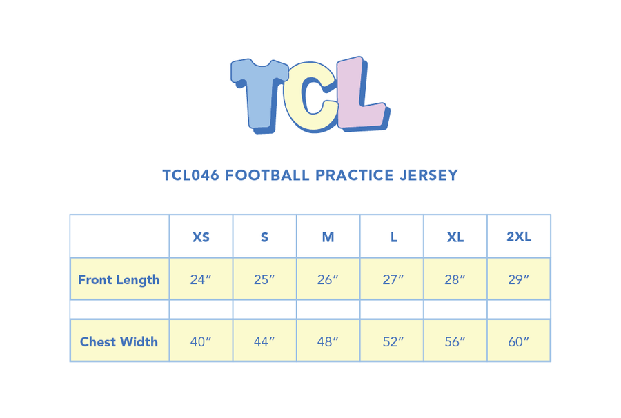 Size chart for Football Practice Jersey