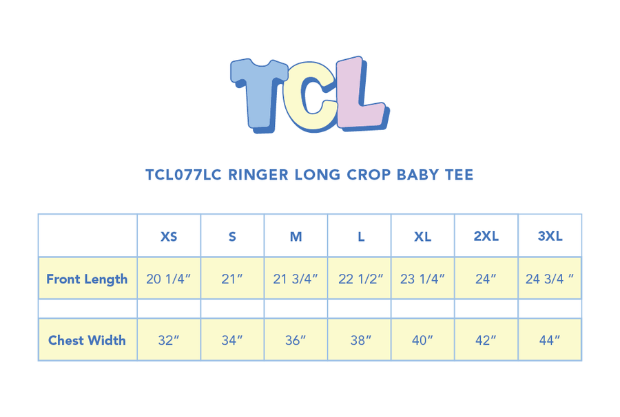 Size chart for Ringer Long Crop Baby Tee