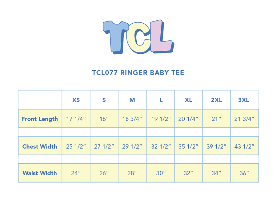 Size chart for Ringer Baby Tee