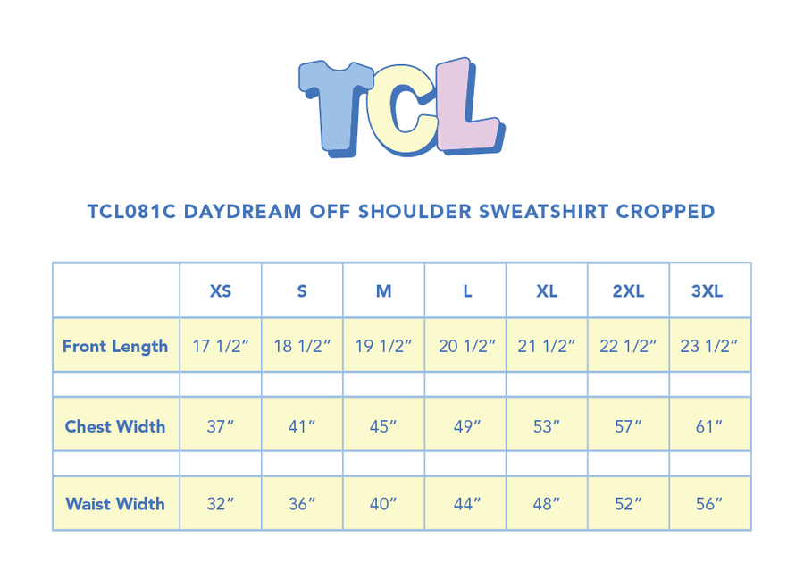 Size chart for Daydream Off Shoulder Sweatshirt Cropped