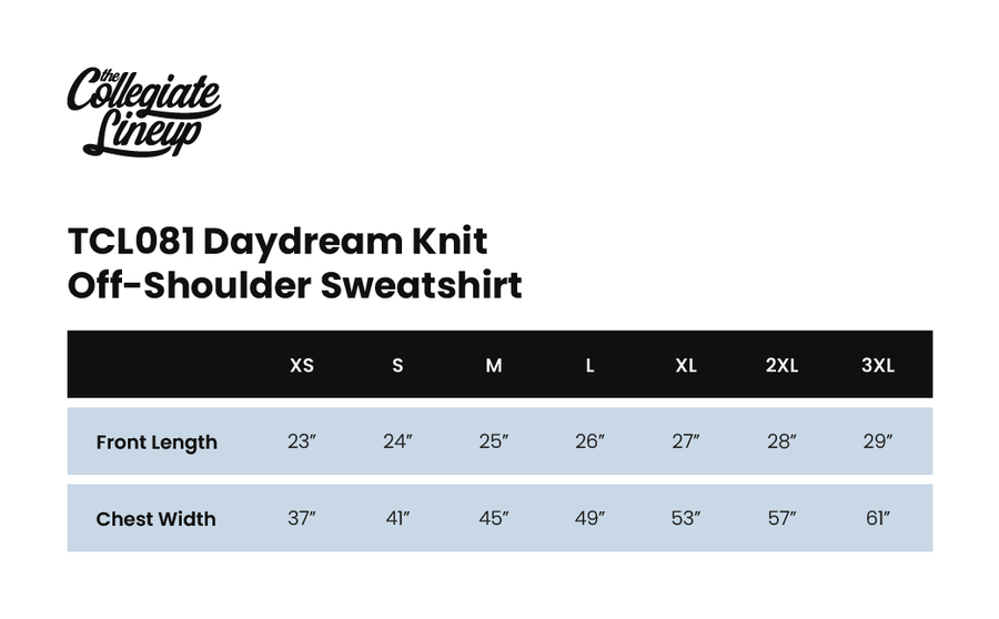 Size chart for Sundae Club Daydream Off Shoulder Sweatshirt