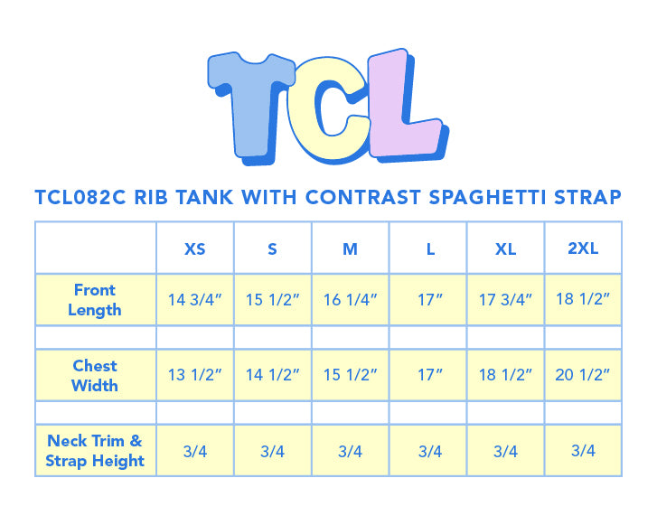 Size chart for Rib Tank with Spaghetti Straps and Lace Trim