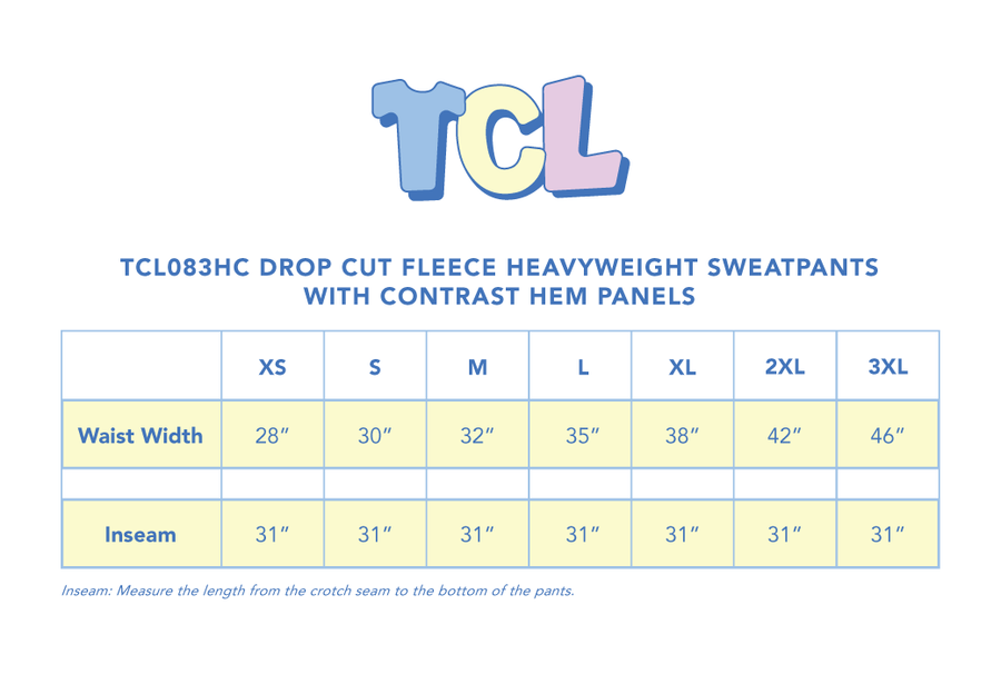 Size chart for Willow Bow Sweatpants