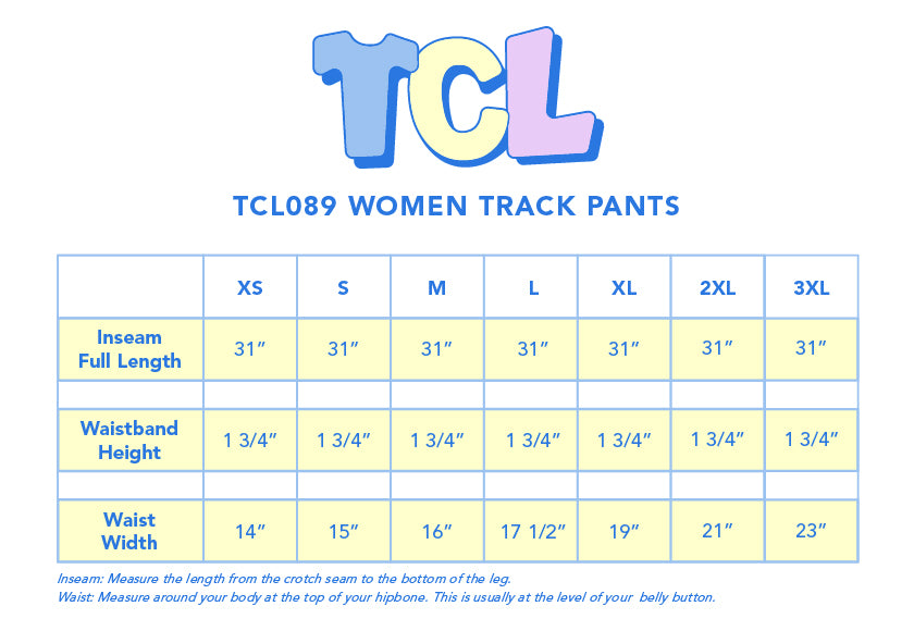 Size chart for Women's Fleece Track Pants