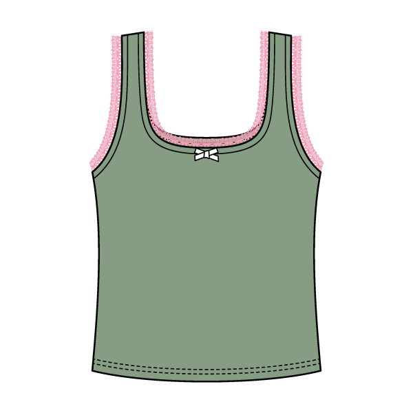 Square Neck Ribbed Tank with Lace Trim and Bow