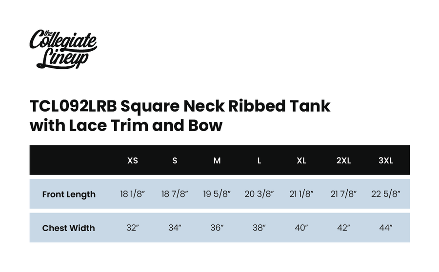 Size chart for Square Neck Ribbed Tank with Lace Trim and Bow