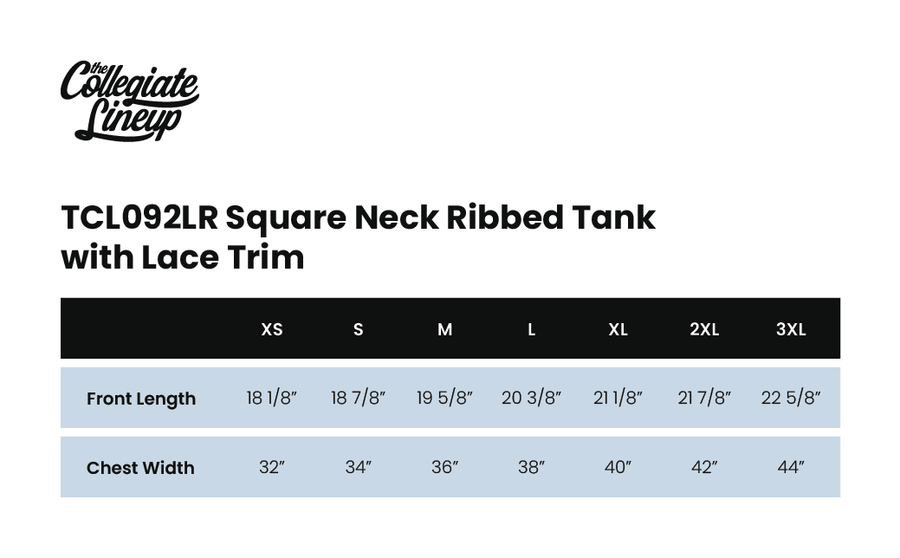 Size chart for Square Neck Ribbed Tank with Lace Trim