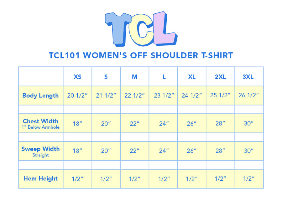 Size chart for Women's Off-Shoulder T-Shirt