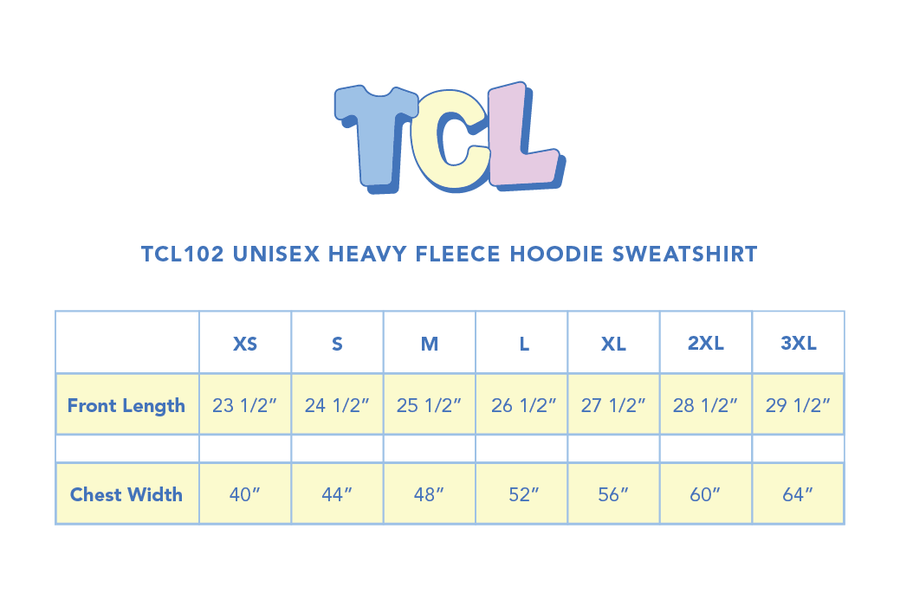 Size chart for Unisex Heavy Fleece Hoodie Sweatshirt