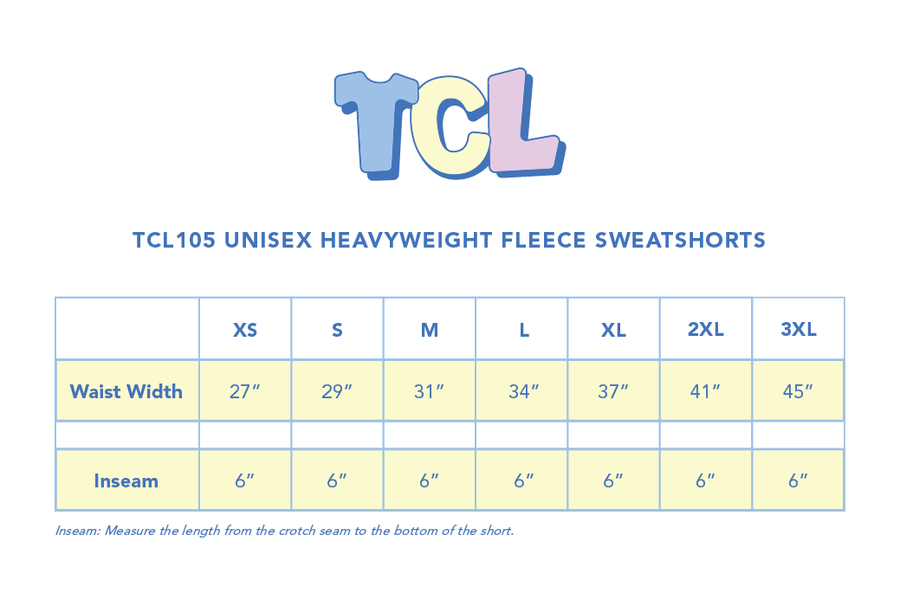 Size chart for Unisex Heavyweight Fleece Sweat Shorts