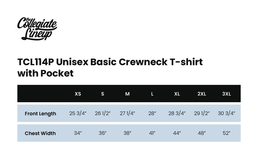 Size chart for Unisex Basic Crewneck T-Shirt with Pocket