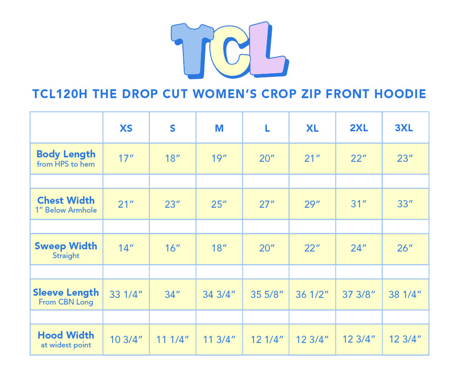 Size chart for The Drop Cut Women’s Crop Zip Front Hoodie