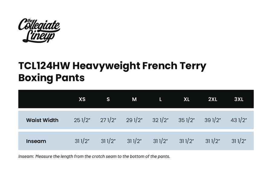 Size chart for Pin Stripe Boxing Pants