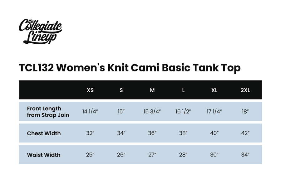 Size chart for WOMEN'S KNIT BASIC CAMI TANK TOP