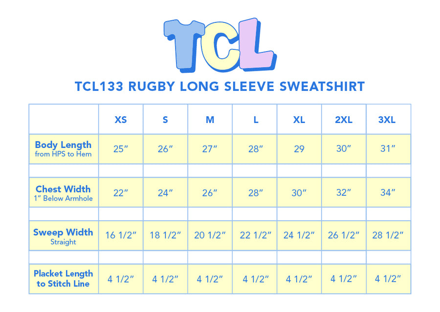 Size chart for Rugby Long Sleeve Sweatshirt