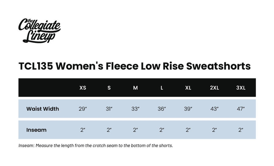 Size chart for Women’s Fleece Low Rise Sweatshorts