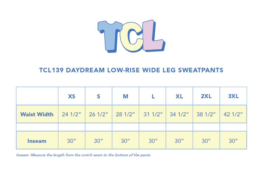 Size chart for SNOW DAY LOW RISE SWEATPANTS