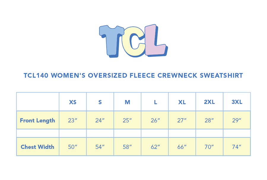 Size chart for 90s Blue Crewneck