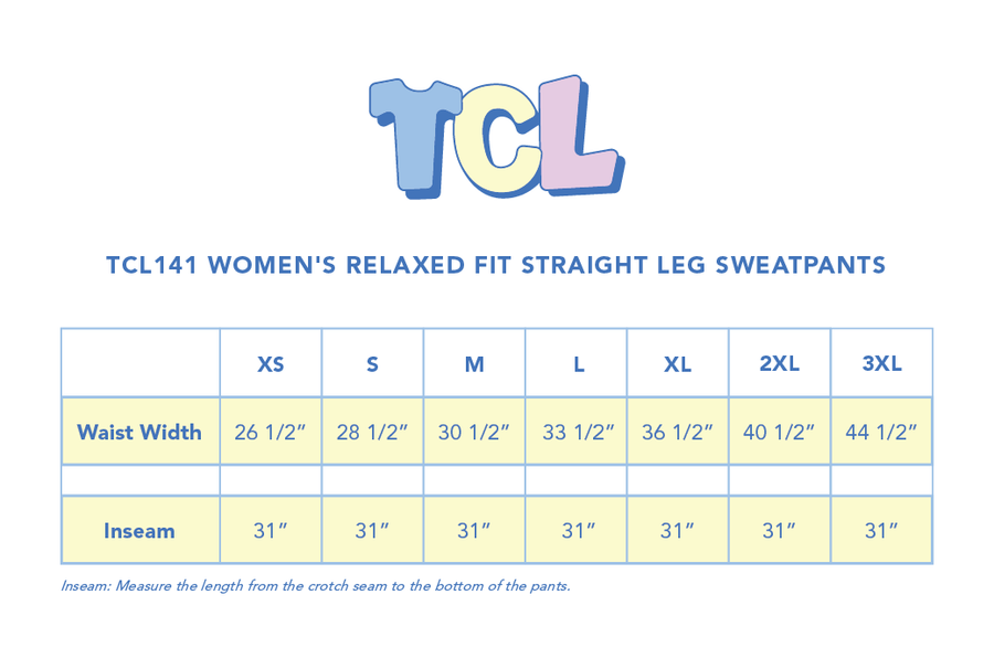 Size chart for Women’s Relaxed Fit Straight Leg Sweatpants