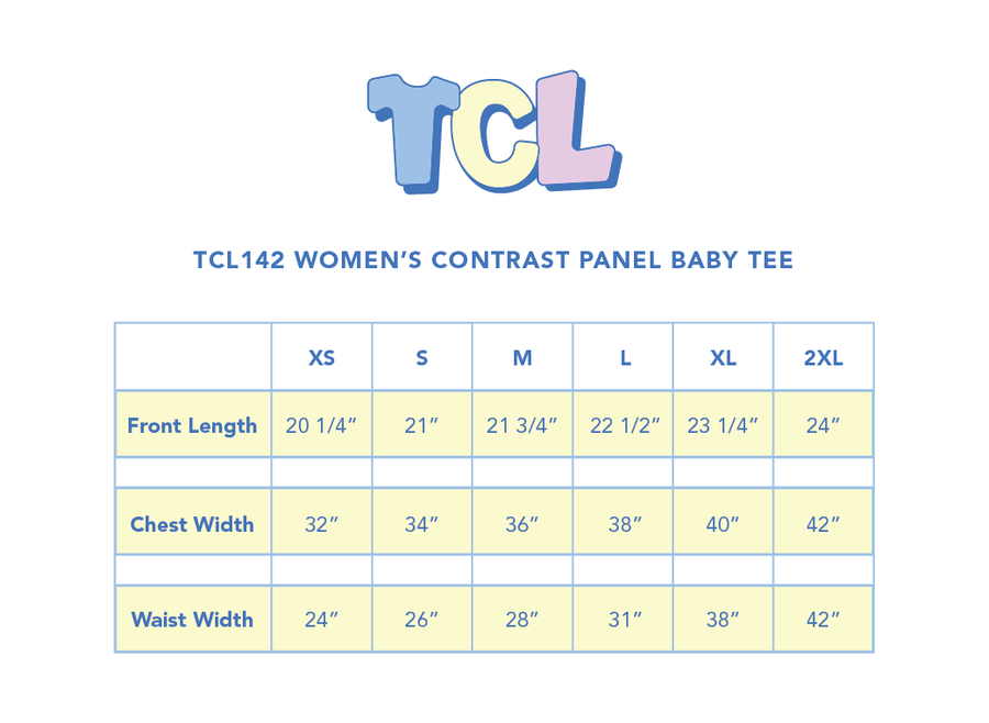 Size chart for Women’s Contrast Panel Baby Tee