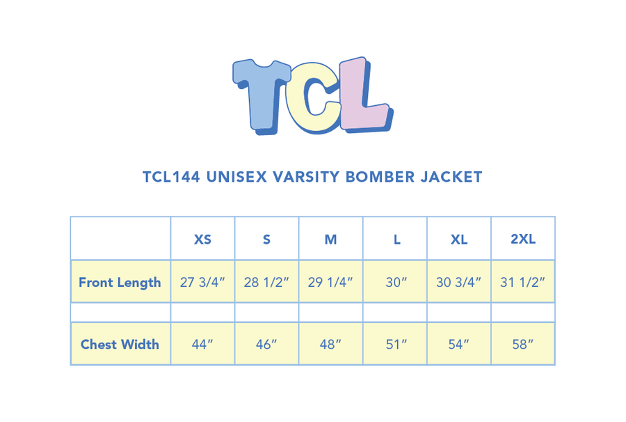Size chart for Unisex Varsity Bomber Jacket