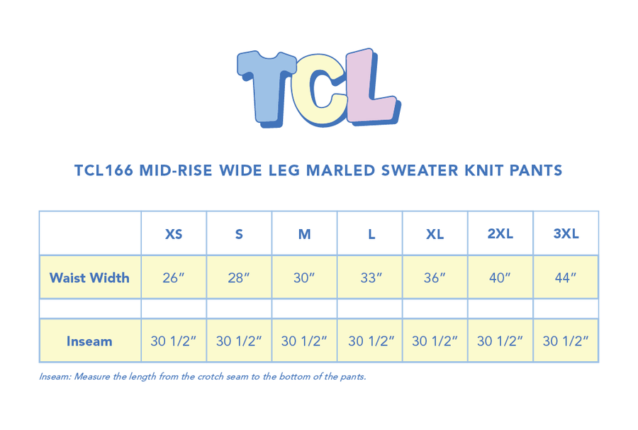 Size chart for Cupid Mid-Rise Wide Leg Sweater Knit Pant
