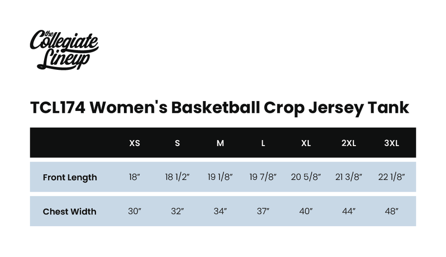 Size chart for Women’s Basketball Crop Jersey Tank