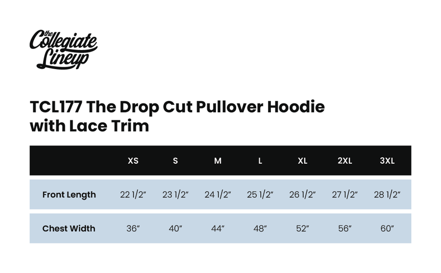 Size chart for Drop Cut Pullover Hoodie With Lace Trim