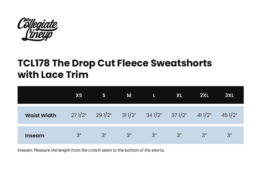 Size chart for Drop Cut Sweatshorts with Binding Lace