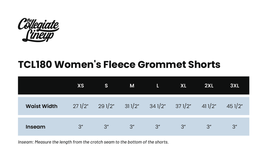 Size chart for Women’s Fleece Grommet Shorts