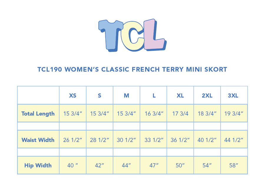 Size chart for Women’s Classic French Terry Mini Skirt