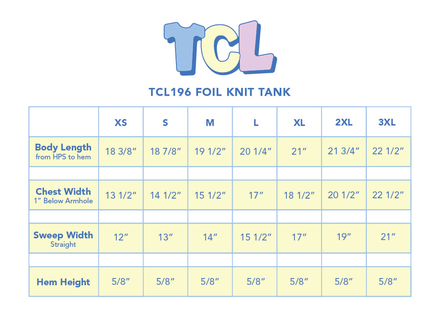 Size chart for Foil Knit Tank
