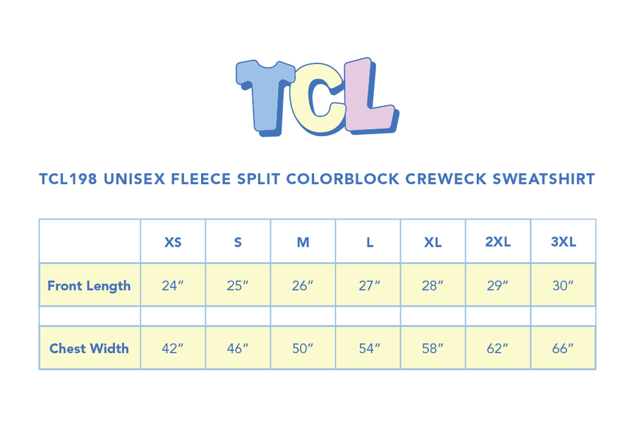 Size chart for Split Crew Unisex Fleece Split Colorblock Crewneck Sweatshirt