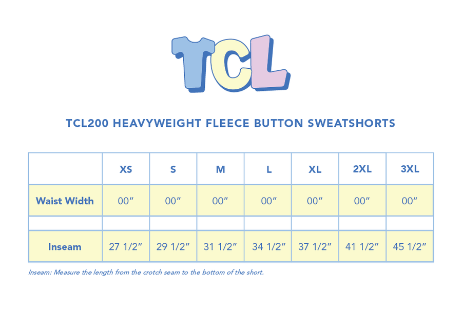 Size chart for Campus Core Heavyweight Fleece Button Sweatshort