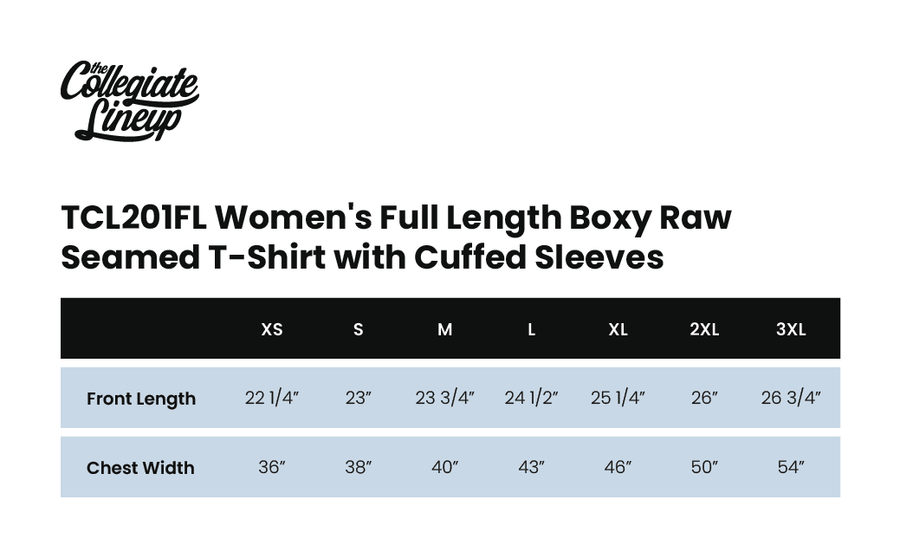 Size chart for Women’s Full Length Boxy Raw Seamed T-Shirt with Cuffed Sleeves