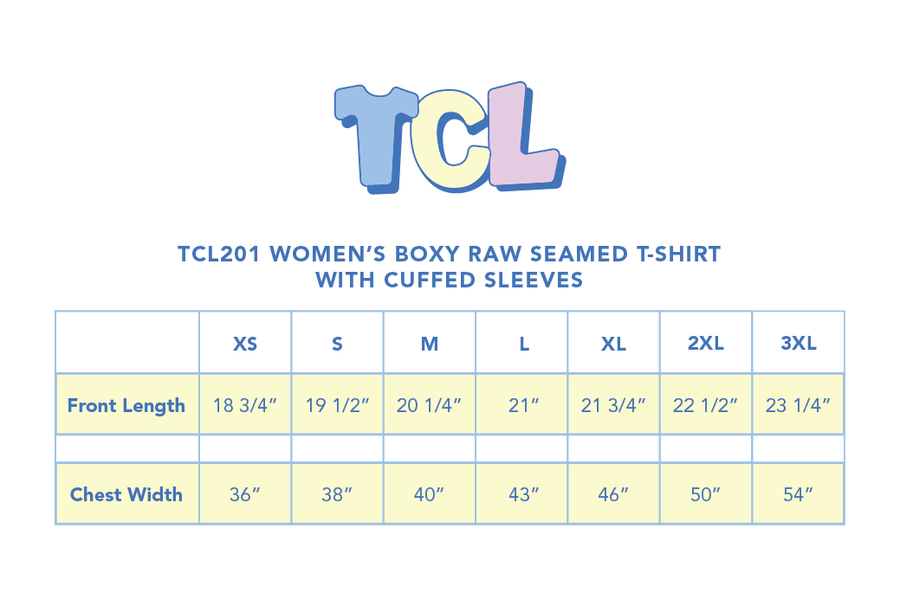 Size chart for Sunday tee