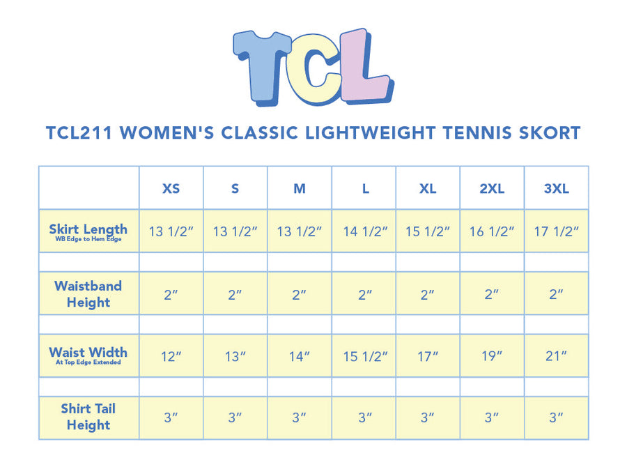 Size chart for WOMEN'S CLASSIC LIGHTWEIGHT TENNIS SKORT