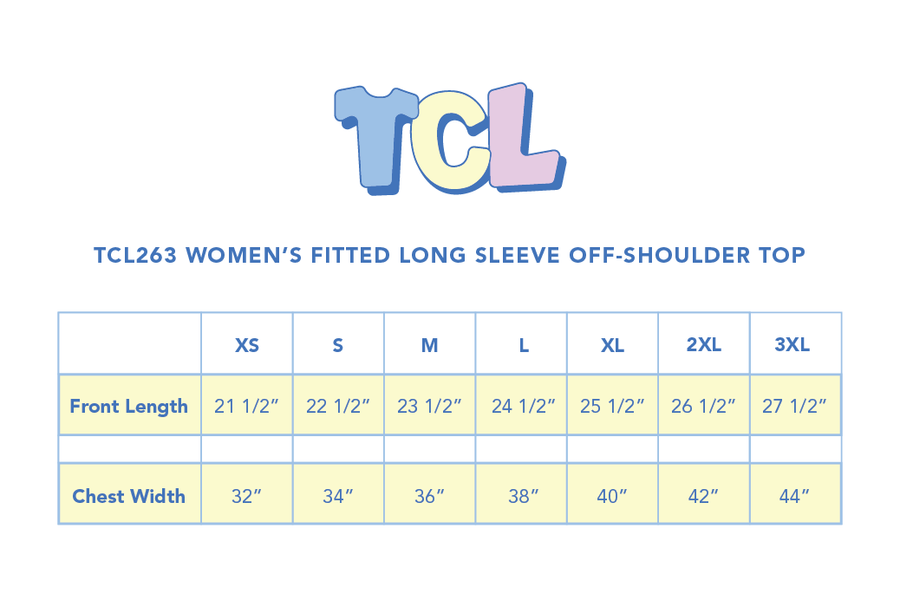Size chart for Women’s Fitted Long Sleeve Off Shoulder Top