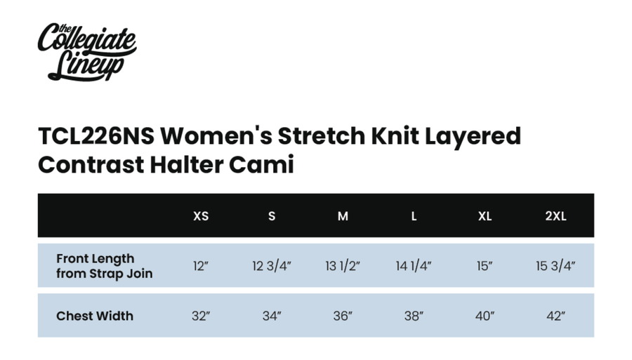 Size chart for WOMEN'S STRETCH KNIT LAYERED CONTRAST HALTER CAMI