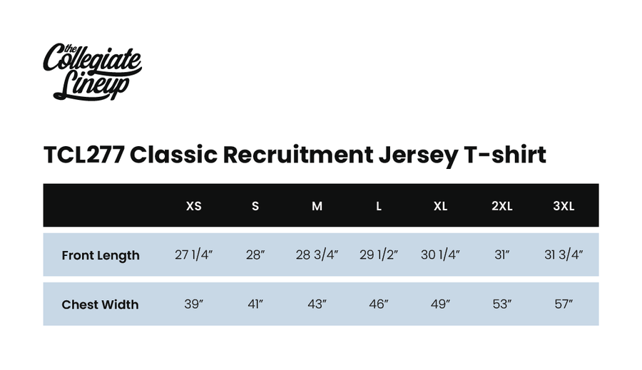 Size chart for Classic Recruitment Jersey T-Shirt