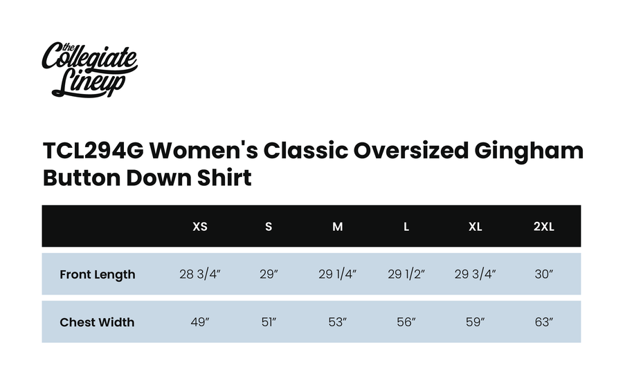 Size chart for Women’s Classic Oversized Gingham Button-Down Shirt