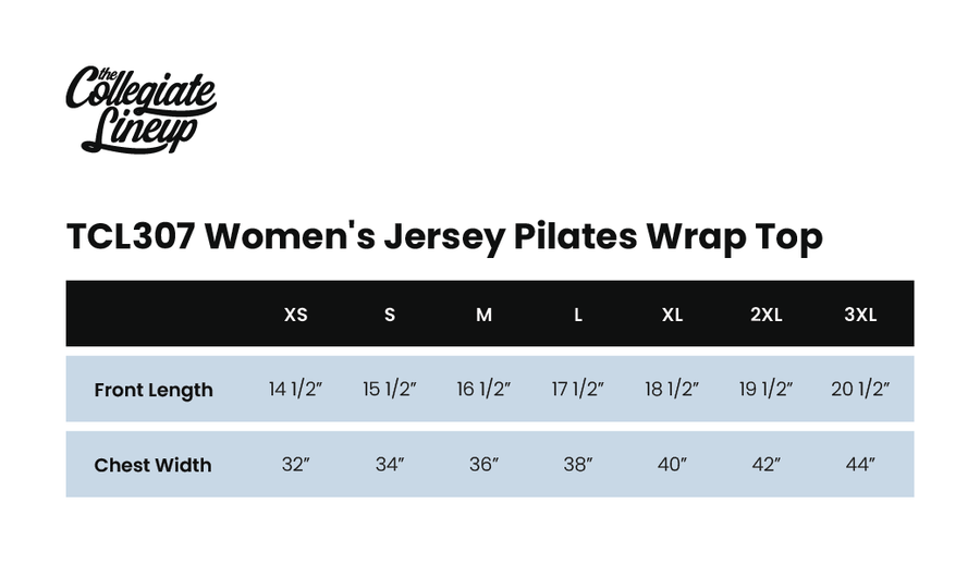 Size chart for Women's Jersey Pilates Wrap Top 220GSM