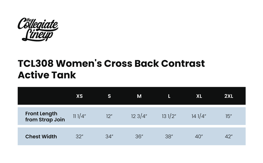 Size chart for Women's Cross Back Contrast Active Tank 6015GSM