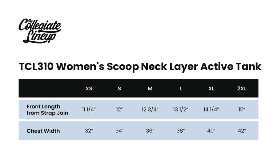 Size chart for Women's High Scoop Neck Layered Active Tank
