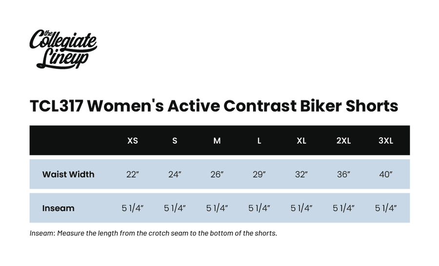 Size chart for Women’s Active Contrast Waistband Biker Short