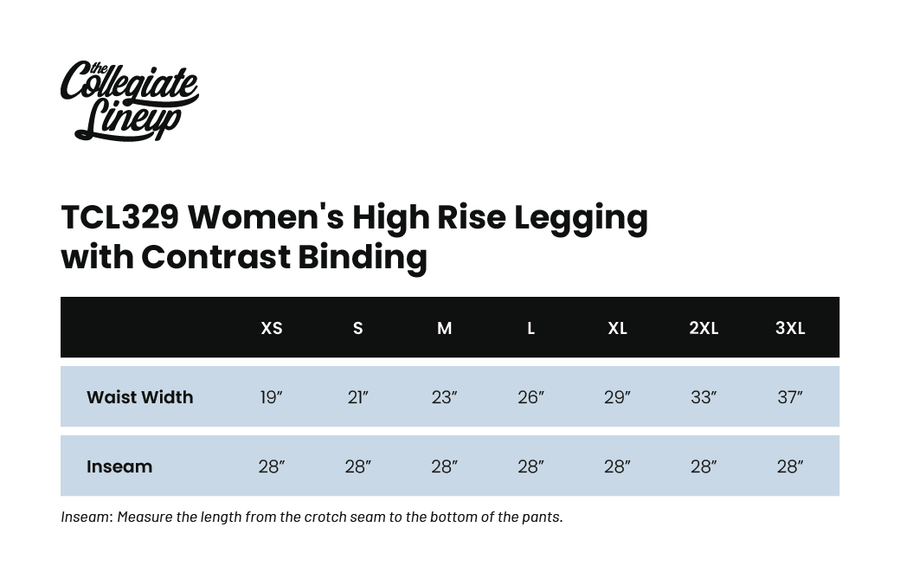 Size chart for Women’s High Rise Legging with Contrast Binding